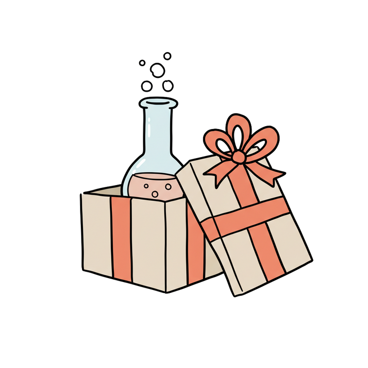 Illustration of a gift box containing a laboratory flask for the Novelties collection
